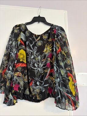 Alice + Olivia Black Floral Puff-Sleeve Chiffon Blouse